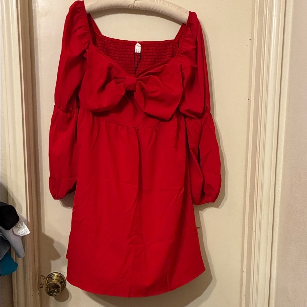 NWT Elegant Red Front Bow Mini Dress Long lantern sleeves . Size XL